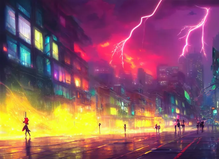 Prompt: a massive colorful bug creature kaiju running through a city center glowing with yellow energy, lightning, glowing eyes, rain storm, by makoto shinkai an krenz cushart