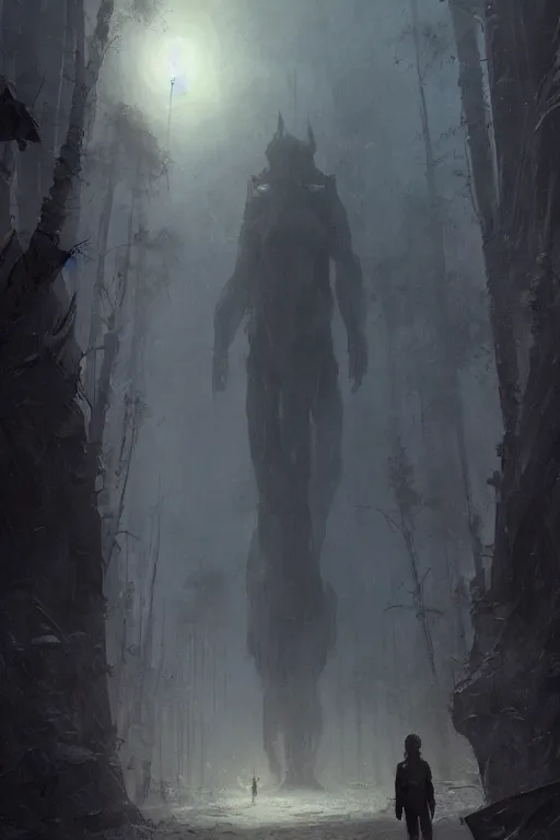 Image similar to a tall looming humanoid beast towers over a tiny human. at dawn, ethereal fantasy art by greg rutkowski