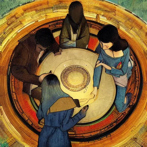 Image similar to A beautiful computer art of a group of people standing around a circular table. In the center of the table is a large, open book. The people in the computer art are looking at the book with interest and appear to be discussing its contents. warm light by Susan Seddon Boulet, by Yoji Shinkawa