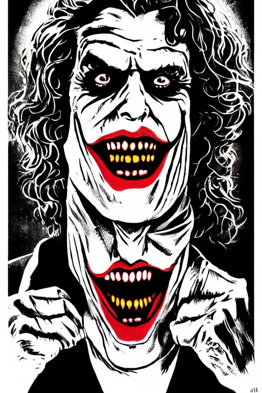 Image similar to John Noble as the Joker on a 1970s horror movie poster , vintage 70s print, detailed, scary, horror, screen print, trending on artstation