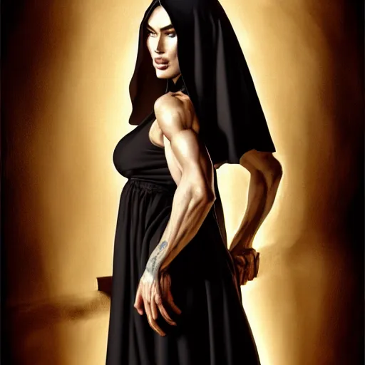 Prompt: portrait of megan fox as a nun in tight black robe, bible, christian, muscular upper body, collar, greek, jewelry, fantasy, intricate, elegant, highly detailed, digital painting, artstation, concept art, matte, sharp focus, illustration, art by aenaluck and roberto ferri and greg rutkowski, epic fantasy, digital painting