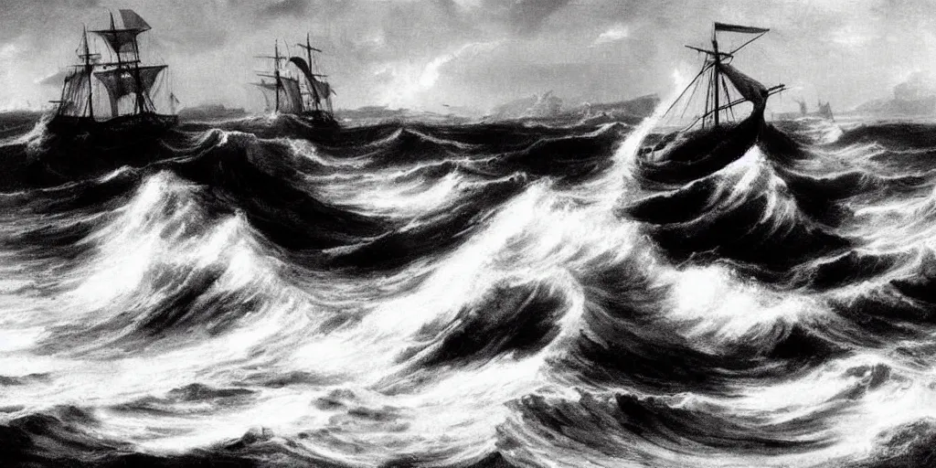 Prompt: A wooden ship wreck muscular sailors waves swell black and white Renaissances painting by George Romney
