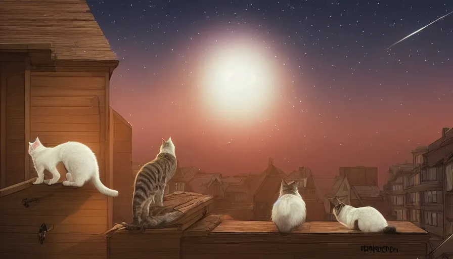 Prompt: back view of cats on rooftop looking at the stars during night, hyperdetailed, artstation, cgsociety, 8 k