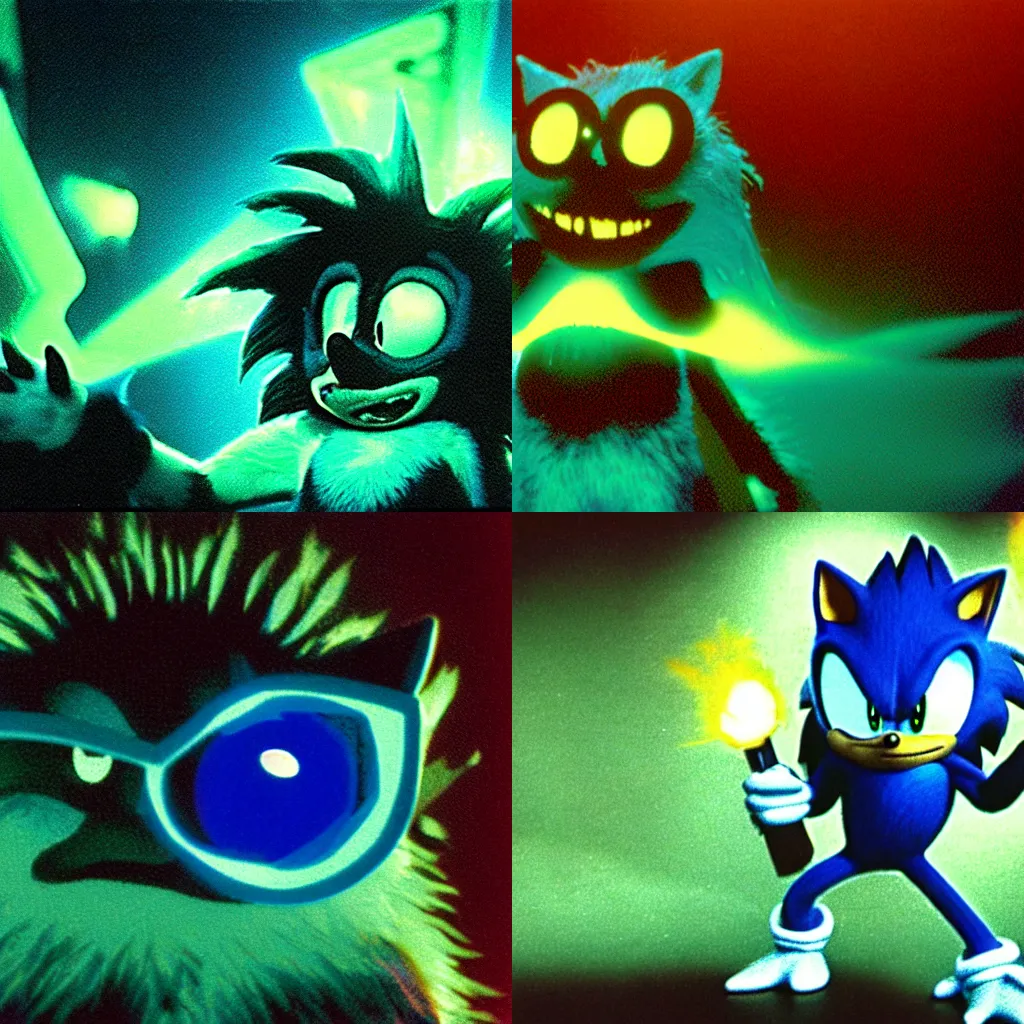 Prompt: ektachrome medium format provia film still of a sonic the hedgehog blue swamp creature with fangs and claws, warped VHS, anomorphic lens flare, creepypasta, 1986