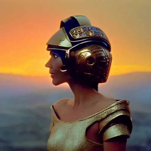 Image similar to beautiful Fine art photo of a young woman wearing a cyberpunk mayan helmet, photorealistic, high quality, sunset lighting, in the movie 2001 A SpaceOdyssey, 8k