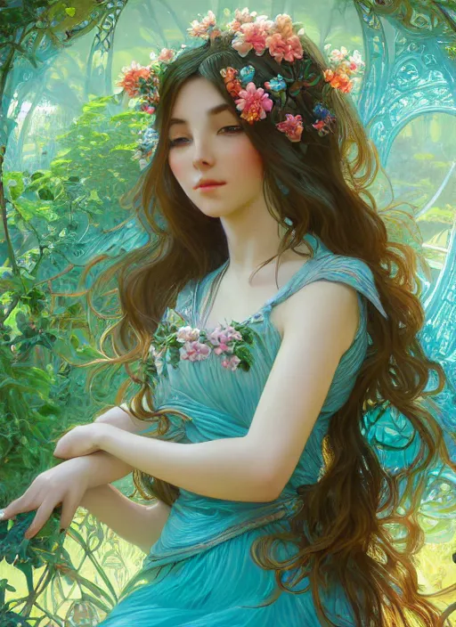 Image similar to beautiful girl with long turqoise hair in a garden, cute, intricate, highly detailed, digital painting, trending on artstation, concept art, smooth, sharp focus, backlit, rim light, vivid colors, illustration, unreal engine 5, 8 k, art by rossdraws and alphonse mucha