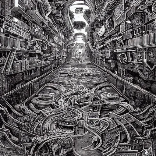 Prompt: a hyper realistic painting of a cyberpunk labyrinth, by joe fenton, highly detailed, vivid color,