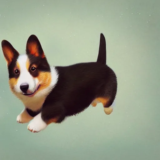 Prompt: adorable corgi puppy floating in outer space, hyperrealistic, lifelike, extremely detailed digital painting, cinematic, greg rutkowski, artgerm, moebius, simon stalenhag, ruan jia, makoto shinkai, lisa frank