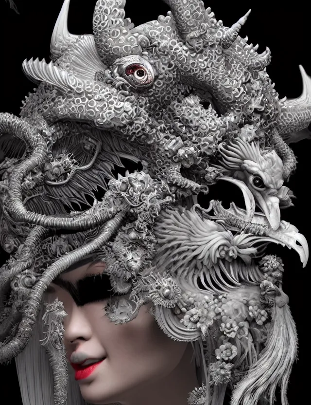 Image similar to 3 d goddess close - up profile satan biohazard portrait with crown, ram skull. beautiful intricately detailed japanese crow kitsune mask and clasical japanese kimono. betta fish, jellyfish phoenix, bio luminescent, plasma, ice, water, wind, creature, artwork by tooth wu and wlop and beeple and greg rutkowski