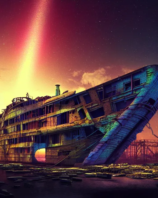 Image similar to a beautiful hyperdetailed render of shipwreck industrial architecture urbex by gordon bunshaft, at night synthwave tundra thermal vision nightsky galactic evil wilderness lake alien sci - fi futuristic gem dramatic lightning retrowave, archdaily, wallpaper, highly detailed, trending on artstation.