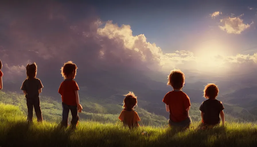 Prompt: back view of kids watching the sun sitting of the hill, clouds in the sky, hyperdetailed, artstation, cgsociety, 8 k
