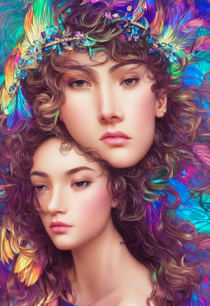 Image similar to beautiful, young woman, detailed gorgeous face, vaporwave aesthetic, synthwave, colorful, psychedelic, water droplets, feathers, crown, artstation, concept art, smooth, extremely sharp detail, finely tuned detail, ultra high definition, 8 k, unreal engine 5, ultra sharp focus, illustration, art by artgerm and greg rutkowski and alphonse mucha