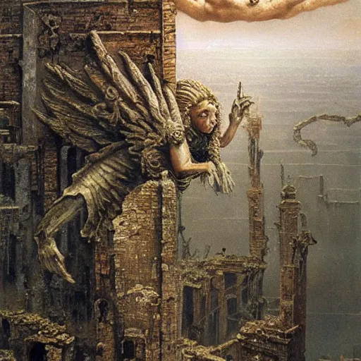 Image similar to lovecraftian angel floating above a ruined city, highly detailed beksinski painting