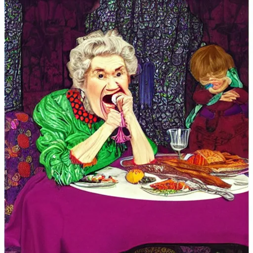 Image similar to hyper realistic hight detailed grandmother with a big mouth eating babies on the table in the russian kitchen, style by harry clarke, bright colors, 4 k, 1 6 k, 3 2 k