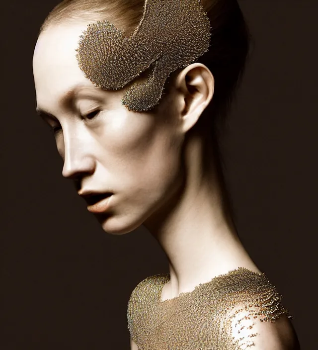 Prompt: photography face profil portrait of a beautifull woman with clears eye, half in shadow, natural pose, natural lighing, rim lighting, no flash, wearing an ornate transparent and metallic elegant stunning original dress design by iris van herpen, highly detailed, skin grain detail, high detail, photography by by paolo roversi, creativity in fashion design