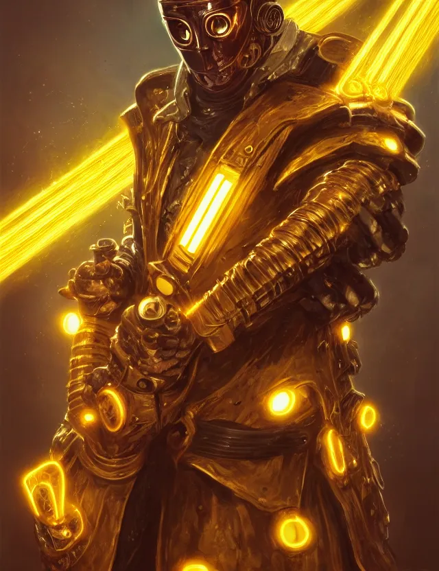 Image similar to a masked cyberpunk warrior in golden armour with a glowing golden gauntlet, surrounded by crackling golden lightning and energy, by frank fazetta and peter mohrbacher, trending on artstation, digital art, 4 k resolution, detailed, high quality, sharp focus, hq artwork, coherent, insane detail, concept art, character concept, character full body portrait