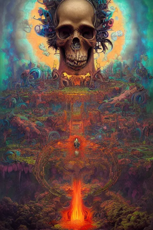 Image similar to gigantic skull psychedelic demonic cosmic of death and hell fire, fantasy painting, ultra realistic, wide angle, art nouveau, intricate details, rainbowshift, vivid colors, highly detailed by peter mohrbacher, h. r. giger, maxfield parrish, gustave dore, craig mullins, octane render, cgi