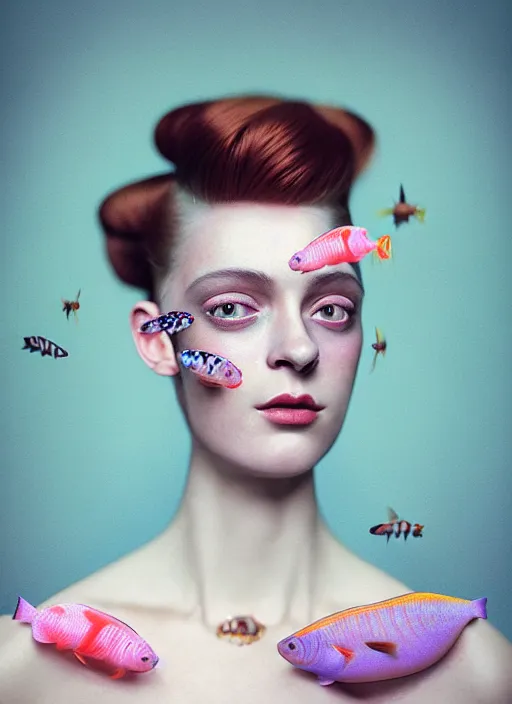 Image similar to Kodak Portra 400, 8K, soft light, volumetric lighting, highly detailed, fine art portrait photography in style of Flora Borsi, britt marling style 3/4 face morphing with pastel colors tropical fishes, metamorphosis complex 3d render , 150 mm lens, art nouveau fashion embroidered, intricate details, elegant, hyper realistic, ultra detailed, octane render, etheric, outworldly colours, emotionally evoking, head in focus, fantasy, ornamental, intricate, elegant, 8K, soft light, volumetric lighting, highly detailed, Refined, Highly Detailed, soft lighting colors scheme, fine art photography, Hyper realistic, photo realistic