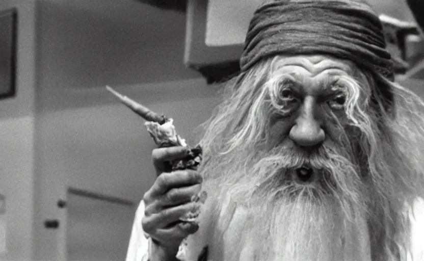 Image similar to security cam bad vhs footage of stoned gandalf smoking a joint around walmart,