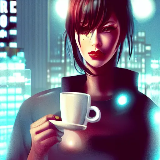 Image similar to portrait of a good-looking female software developer having a cup of coffee. cyberpunk style, digital art artstation cgsociety