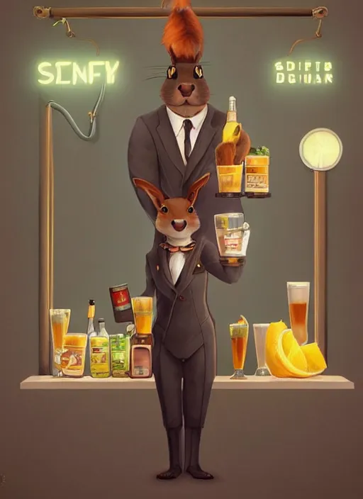 Image similar to squirrel anthro as a dapper bartender with a big, fluffy tail, retro futurism, art deco, detailed, painterly digital art by WLOP and Cory Loftis and Artgerm, 🐿🍸🍋, furaffinity, trending on artstation