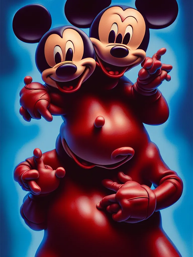 Image similar to hyperrealistic rendering, fat smooth john carpenter flesh monster mickey mouse by donato giancola and greg rutkowski and wayne barlow and zdzisław beksinski, product photography, action figure, sofubi, studio lighting, colored gels, colored background