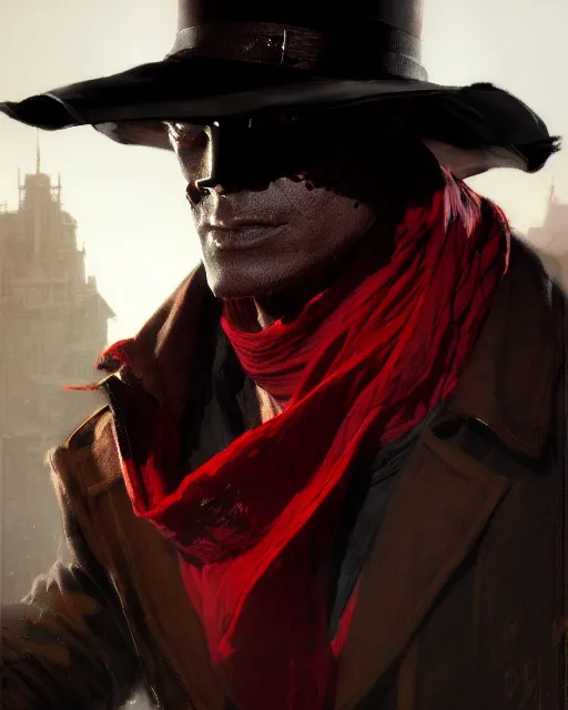Image similar to mysterious lamont cranston, the shadow, black wide brimmed hat, red scarf across his face, pulp character portrait, ultra realistic, concept art, intricate details, highly detailed by greg rutkowski, gaston bussiere, craig mullins, simon bisley