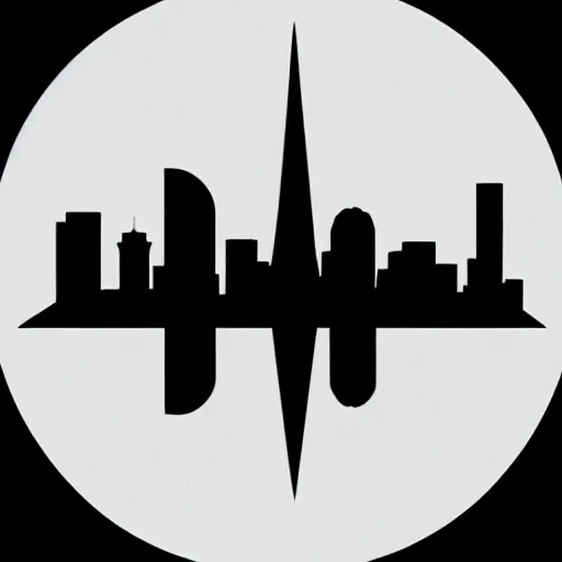 Image similar to a perfect circle, around the outer edge of the circle is the silhouette of a city skyline, inside the circle is empty, black and white, minimalist, in the style of a line drawing