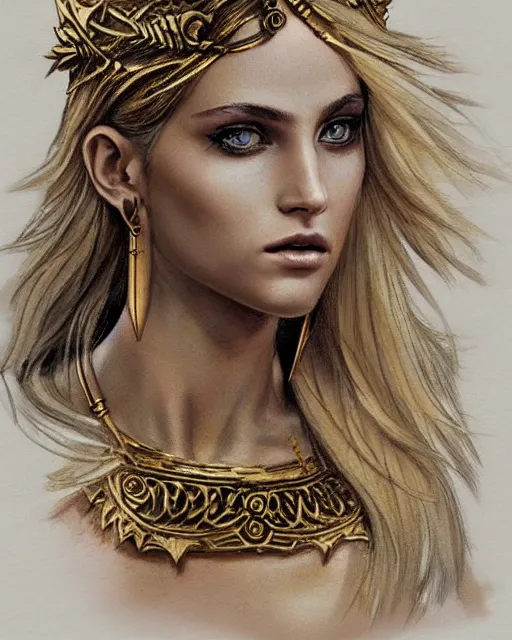 Image similar to tattoo sketch of blonde super model aphrodite greek goddess wearing a gold laurel wreath and triangle earrings, beautiful piercing gaze with sharp pupils, in the style of greg rutkowski, fantasy, amazing detail, epic, elegant, smooth, sharp focus, front view