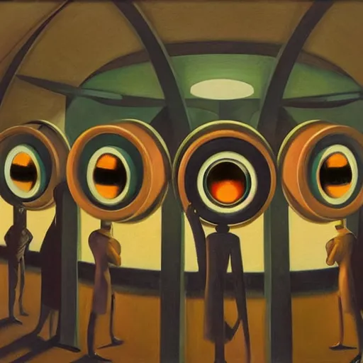 Prompt: three brutalist robotic judges with glowing eyes, inside a dome, pj crook, grant wood, edward hopper, syd mead, chiaroscuro, oil on canvas