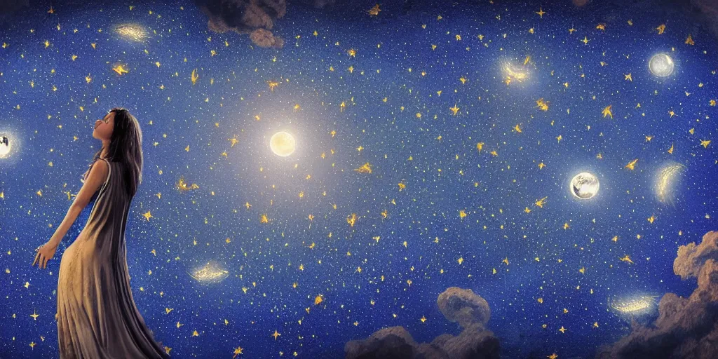 Image similar to sky in a starry night with glowing meteor showers, ascension of a woman decomposing and dissolving into moon, dark - blue black gold beige saturated, ornate baroque rococo art nouveau intricate detail, 3 d specular lighting, cinematic, no blur, no bokeh, no depth of field, uplight