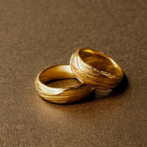 Prompt: gold wedding rings, thin, twist in the middle water texture on the ring, white background
