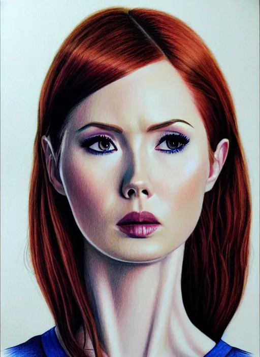 Prompt: Karen Gillan, complex artistic color pencil sketch illustration, full detail, gentle shadowing