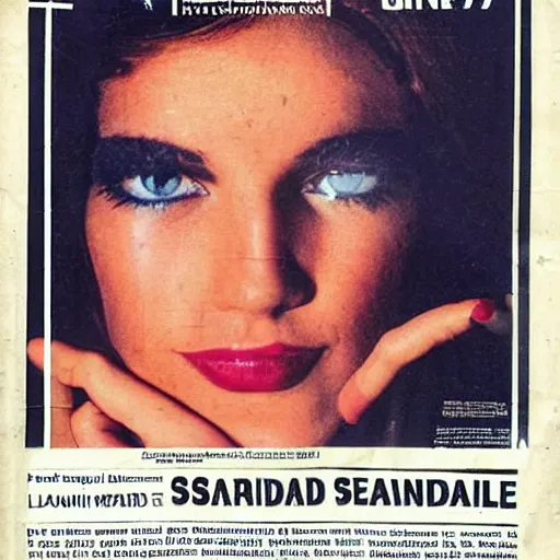 Image similar to front page of a French newspaper from 1977 with large headline declaring: Un scandale ! accompanied by a large photograph of brunette young beautiful fashionable slender pop star Daphne LaCroix covering her face from the flash of paparazzi bulbs