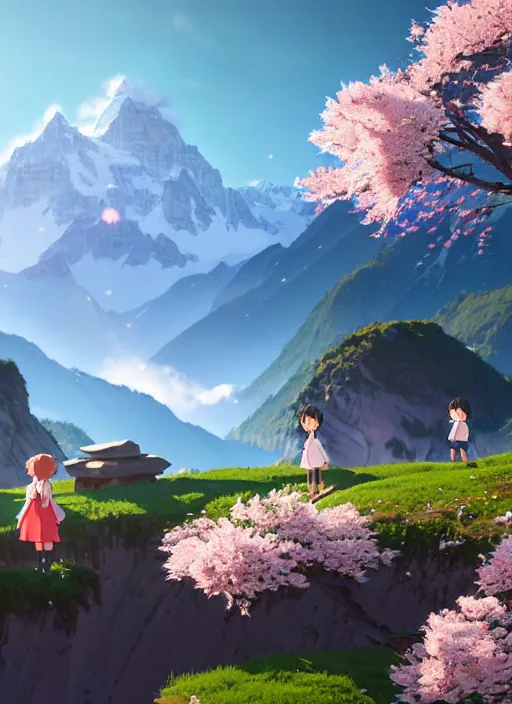 Prompt: a wholesome animation key shot, swiss alps peaks in the background, cherry blossoms in the foreground, studio ghibli, pixar and disney animation, sharp, rendered in unreal engine 5, anime key art by greg rutkowski, bloom, dramatic lighting