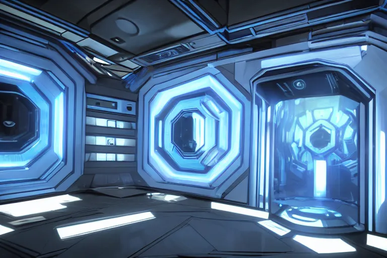 Image similar to futuristic tardis interior stylized like portal 2