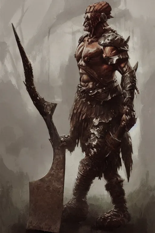 Image similar to a giant warrior in hide leather armor holding an axe, leaning against an ax, hatchet!!! concept art in style of Greg Rutkowski, painted by Frank Frazetta, John Singer Sargant