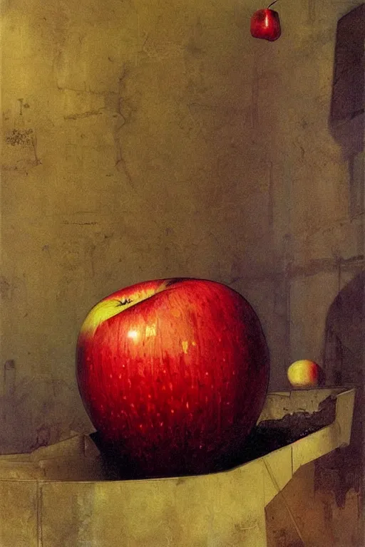 Image similar to A giant rotten apple floating in an abandoned bedroom, detailed art by Phil Hale and Ilya repin