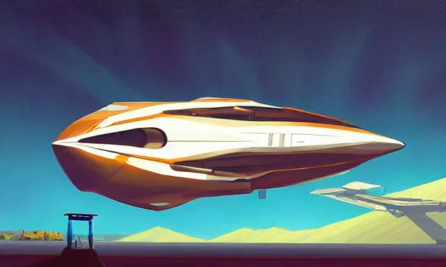 Prompt: spaceship in a hangar by rhads