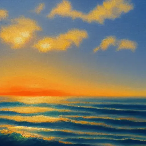 Prompt: sea, wavy, sun at dawn reflecting on the sea cloudy oil painting 4 k