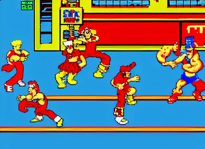 Prompt: screenshot of ronald mcdonald, white face, red afro, red nose and yellow outfit as an enemy in streets of rage video game, sega genesis video game