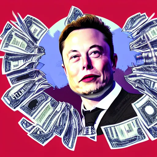 Image similar to Elon Musk sitting in a throne full of money, digital art,