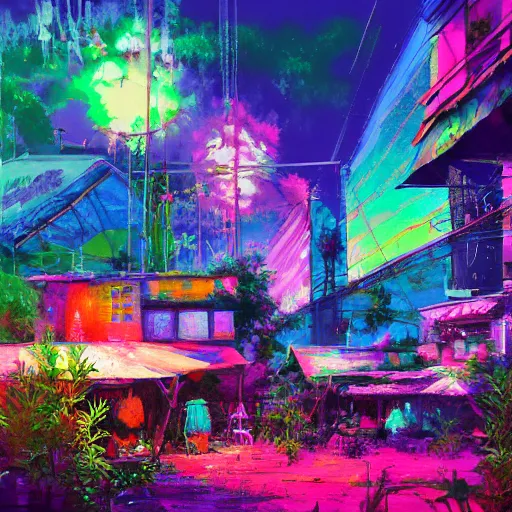 Prompt: acrylic painting, impressionism and expressionism, bold pastel colors. hippie bohemian encampment with a tie - dye tents and a garden. cyberpunk art by liam wong, cgsociety, panfuturism, cityscape, utopian art, anime aesthetic