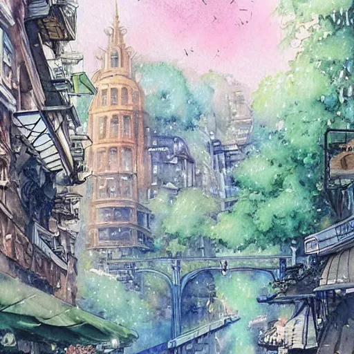 Image similar to Beautiful happy picturesque charming sci-fi city in harmony with nature. Nice colour scheme, soft warm colour. Beautiful detailed watercolor by Lurid. (2022)