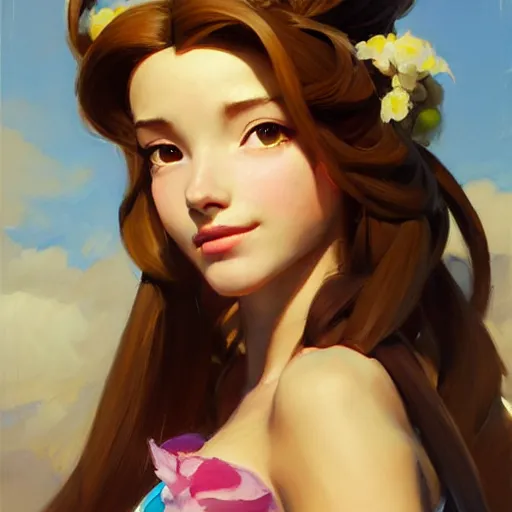 Image similar to Greg Manchess portrait painting o Aerith Gainsborough as Overwatch character, medium shot, asymmetrical, profile picture, Organic Painting, sunny day, Matte Painting, bold shapes, hard edges, street art, trending on artstation, by Huang Guangjian and Gil Elvgren and Sachin Teng