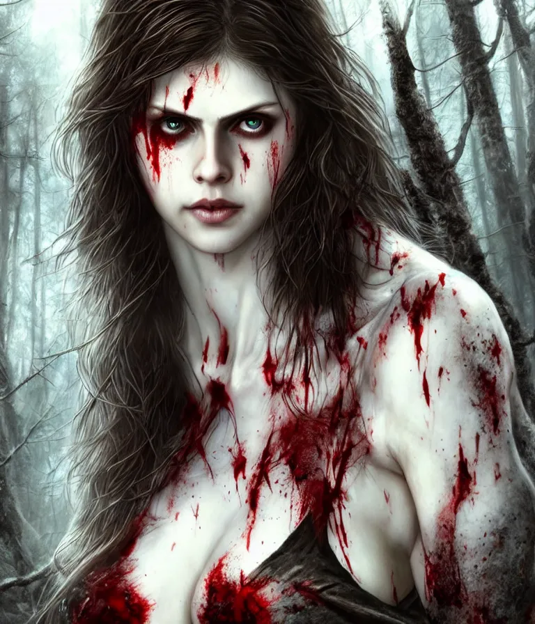 Image similar to photo of a gorgeous nordic female, covered in blood, in dark forest, alexandra daddario face!, realistic, sharp focus, hdr, 8 k, high definition, insanely detailed, intricate, elegant, art by stanley lau and artgerm, luis royo, greg kutkowski