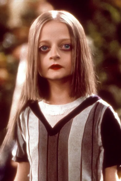 Image similar to Young Jodie Foster as Wednesday in The Addams Family movie 1991