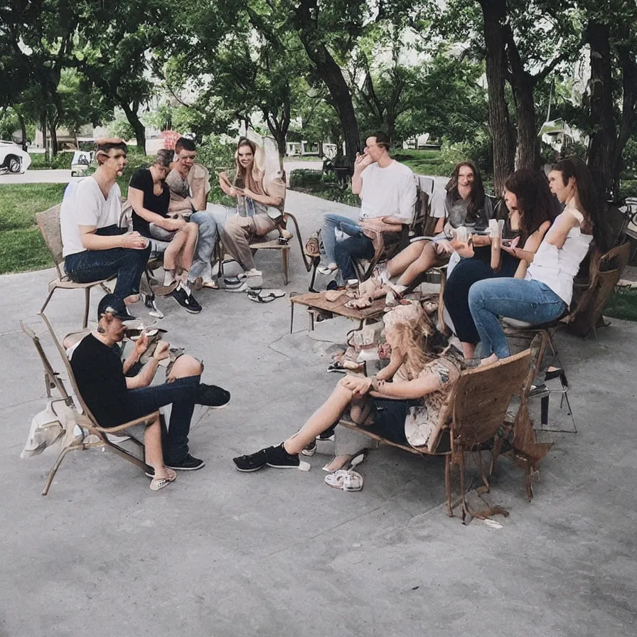 Prompt: “realistic 5 adults sitting on a cement patio in the summer listening to music”