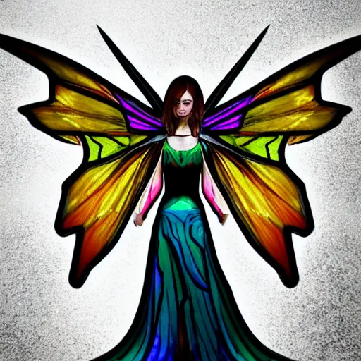 Prompt: brightly lit winged fairy in a dim dark forest with stained glass wings cute colorful 4 k path traced high definition detailed artstation realistic trending dramatic lighting high contrast neon cyberpunk gothic intense colors