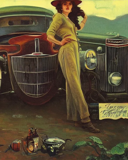 Image similar to medium shot portrait of a prohibition era moonshine runner with detailed features leaning against a 1940 ford coupe, dutch camera view, dirt, Appalachian mountains, sharp focus, illustration, highly detailed, oil painting, matte, art by Greg Rutkowski and Alphonse Mucha, masterpiece